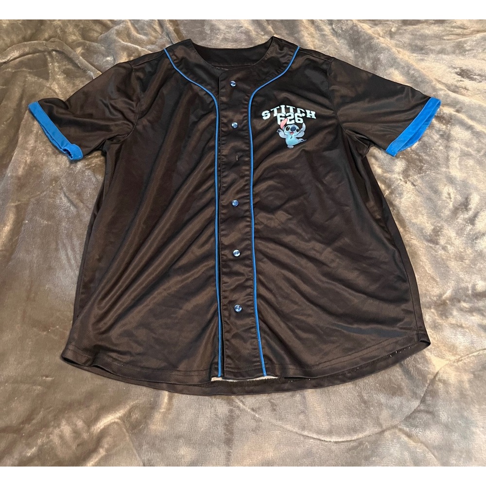 Disney Lilo & Stitch Baseball Jersey Black Blue Mesh Button Up Shirt Large